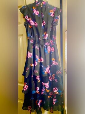 RACHEL Rachel Roy Black Floral Tiered Midi Dress with Purple & Blue Accents